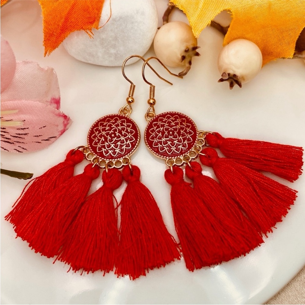 Urban Outfitters Red Tassel Dangle Drop Earrings